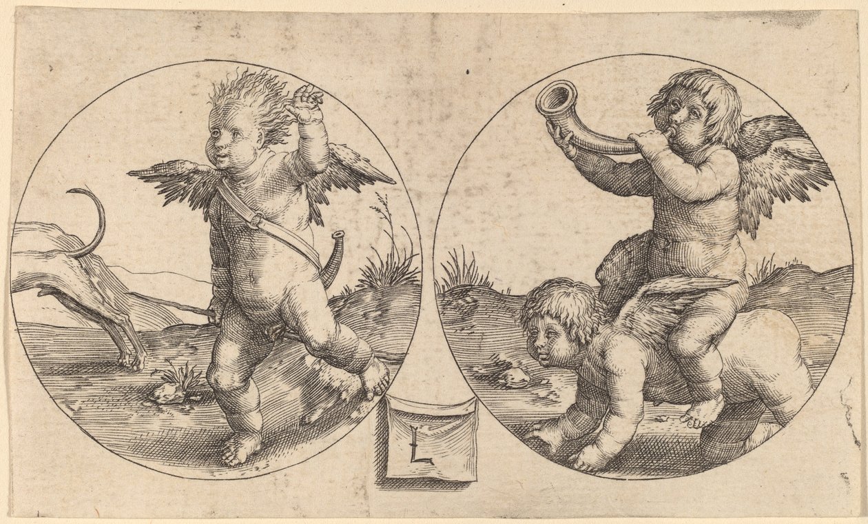 Zwei Cupidos in zwei Kreisen von Lucas van Leyden