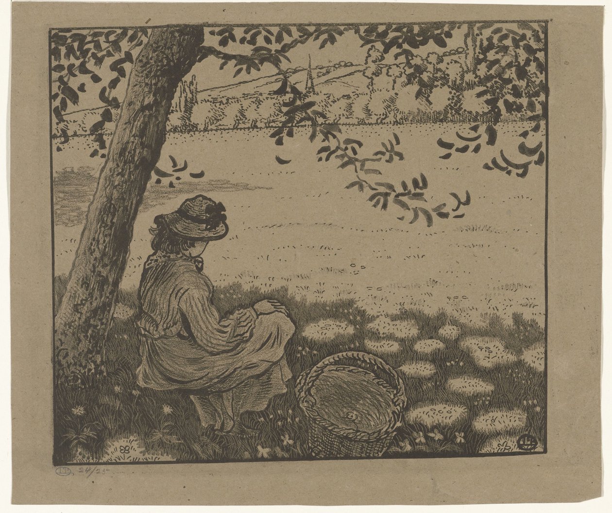 Mädchen unter einem Baum auf einer Wiese von Lucien Pissarro