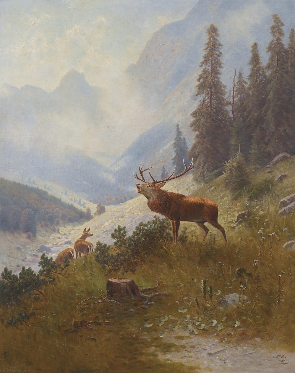 Röhrender Hirsch im Gebirge von Ludwig Skell