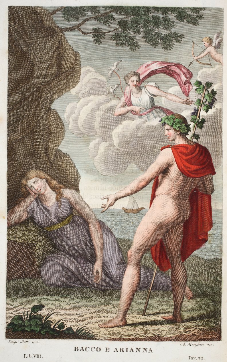 Bacchus und Ariadne oder Bacco e Arianna, Buch VIII, Illustration aus Ovids Metamorphosen, Florenz, 1832 von Luigi Ademollo