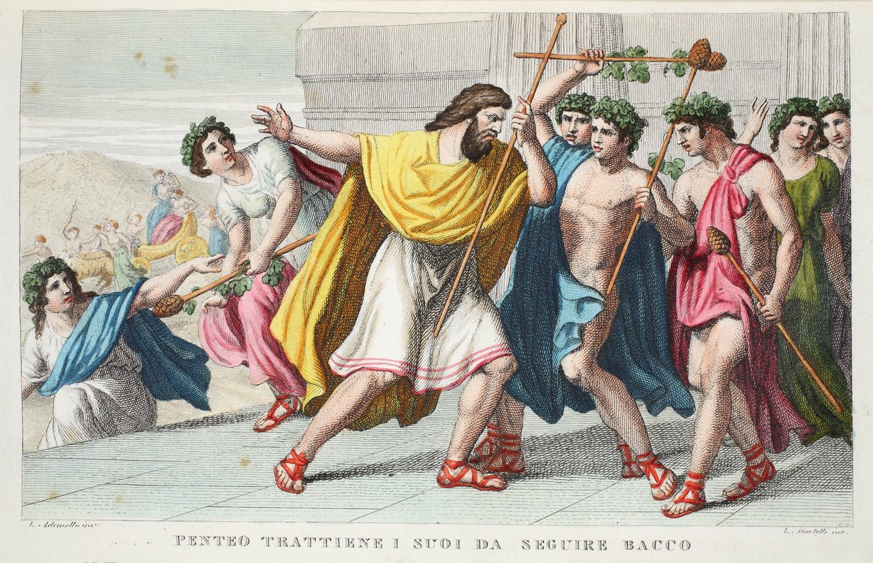 Pentheus verfolgt die Jünger des Bacchus, Buch III, Illustration aus Ovids Metamorphosen, Florenz, 1832 von Luigi Ademollo