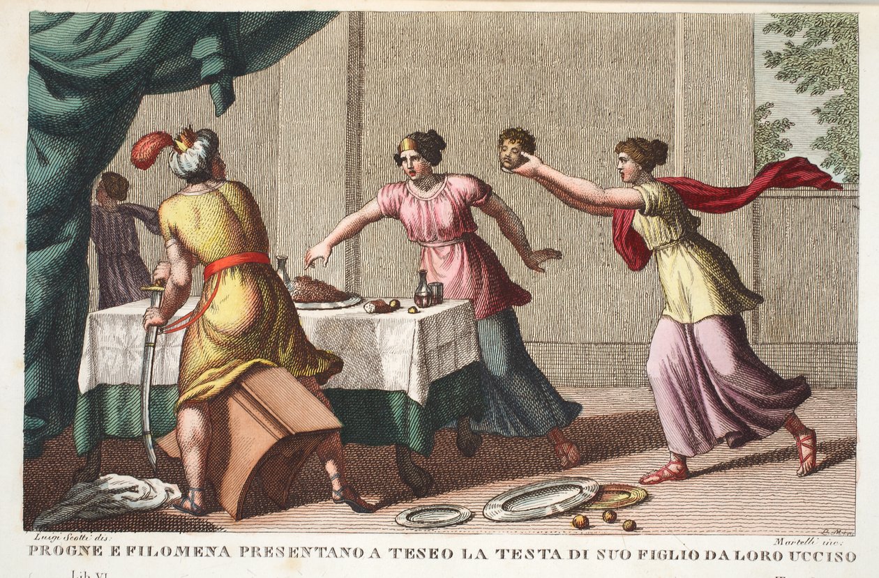 Procne, Philomela und Tereus werden wahnsinnig, Buch VI, Illustration aus Ovids Metamorphosen, Florenz, 1832 von Luigi Ademollo