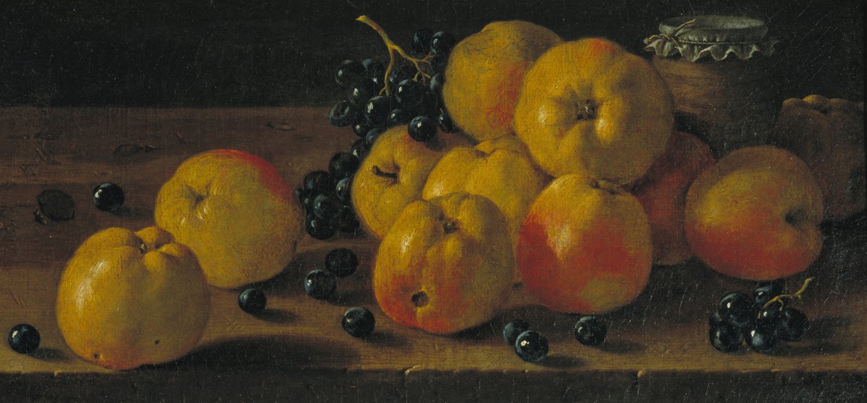 Stillleben mit Äpfeln, Trauben und einem Topf Marmelade von Luis Egidio Melendez