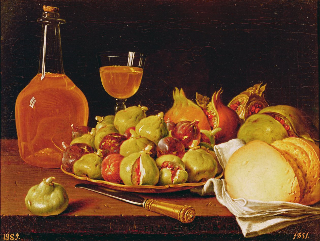 Stillleben mit einem Teller Feigen und Granatäpfeln, Brot und Wein von Luis Egidio Melendez