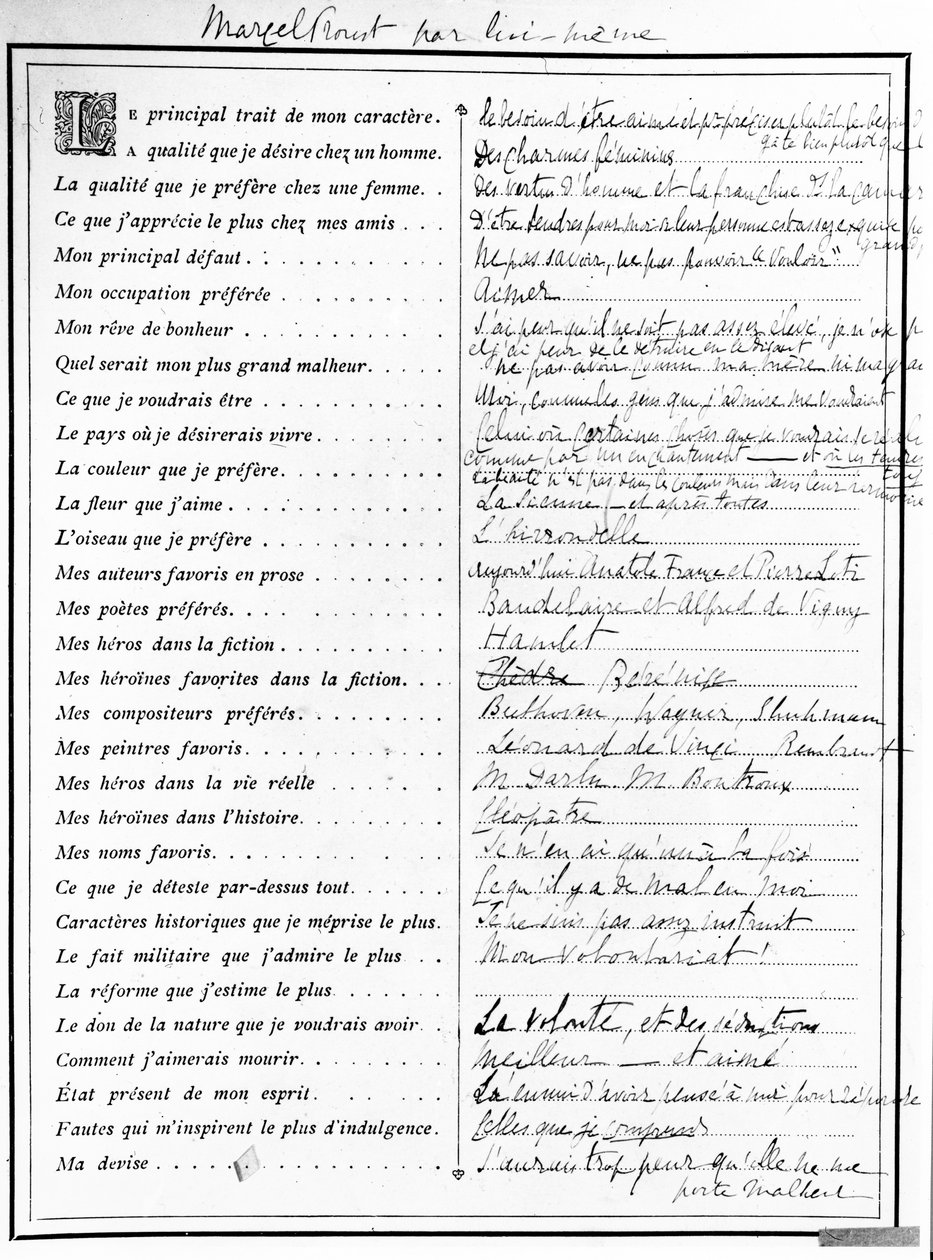 Fragebogen ausgefüllt von Marcel Proust, 1890 von Marcel Proust