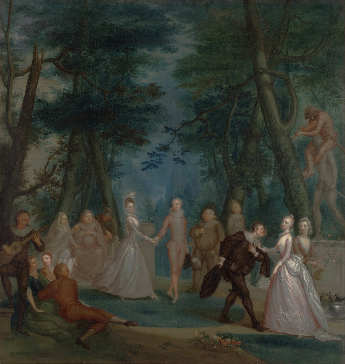 Szene in einem Park, mit Figuren aus der Commedia dell