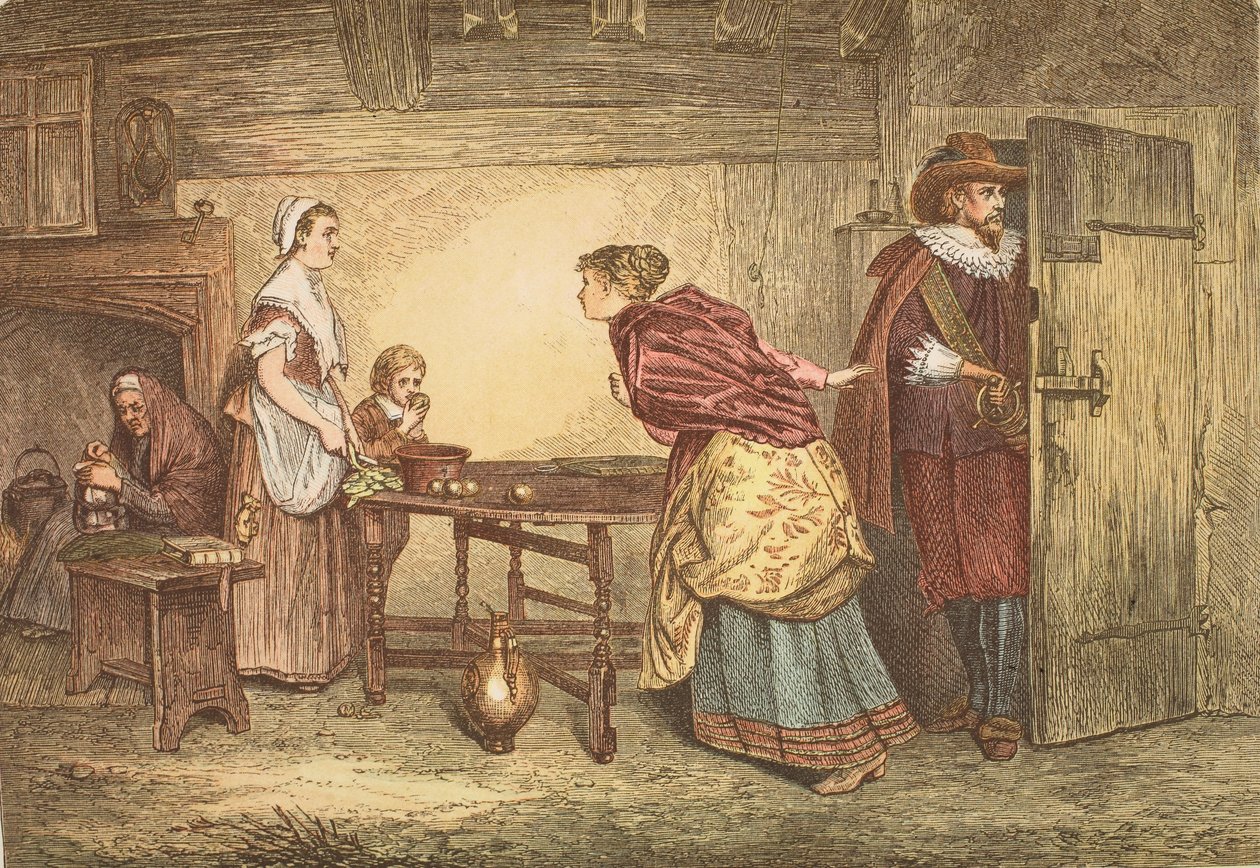 Royalisten suchen Zuflucht im Haus eines Puritaners, graviert von J.D. Cooper von Marcus Stone