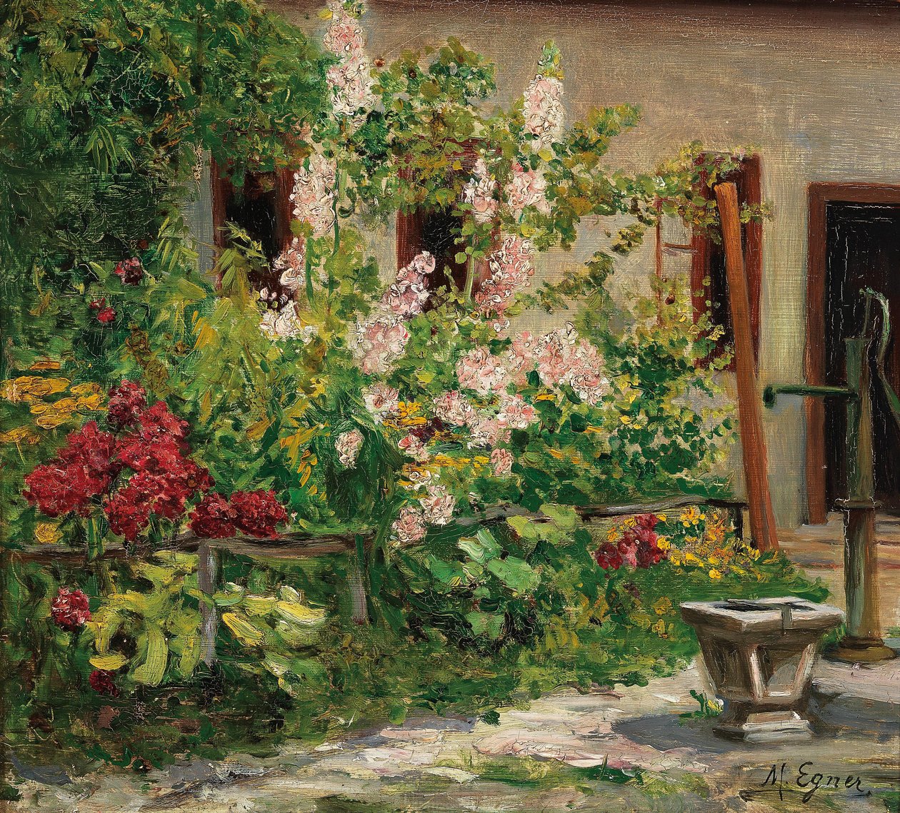 Vorgarten mit blühenden Stockrosen von Marie Egner