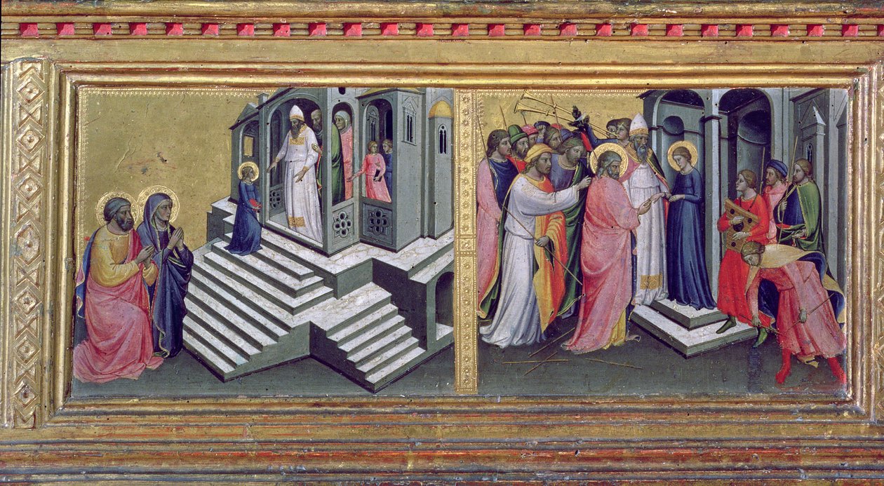 Madonna mit Kind und Heiligen, Detail der Predella, die die Darstellung im Tempel und die Heirat der Jungfrau darstellt (Detail) von Mariotto di Nardo
