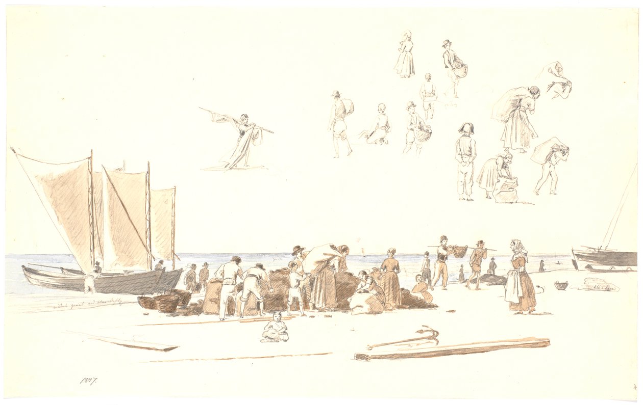 Fischer in Skagen entladen Boote am Strand von Martinus Rørbye