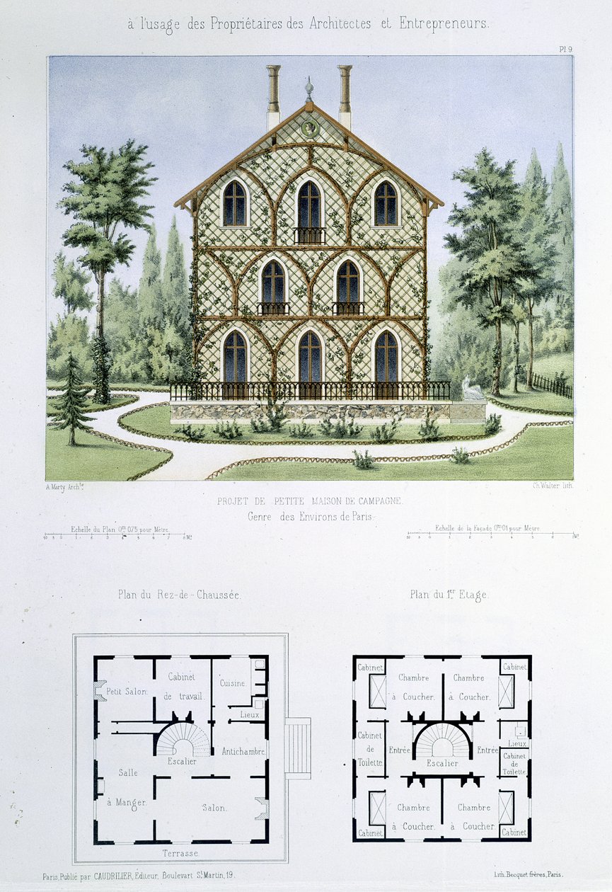 Projekt für ein kleines Landhaus in der Nähe von Paris, graviert von Walter, Tafel 9 aus 