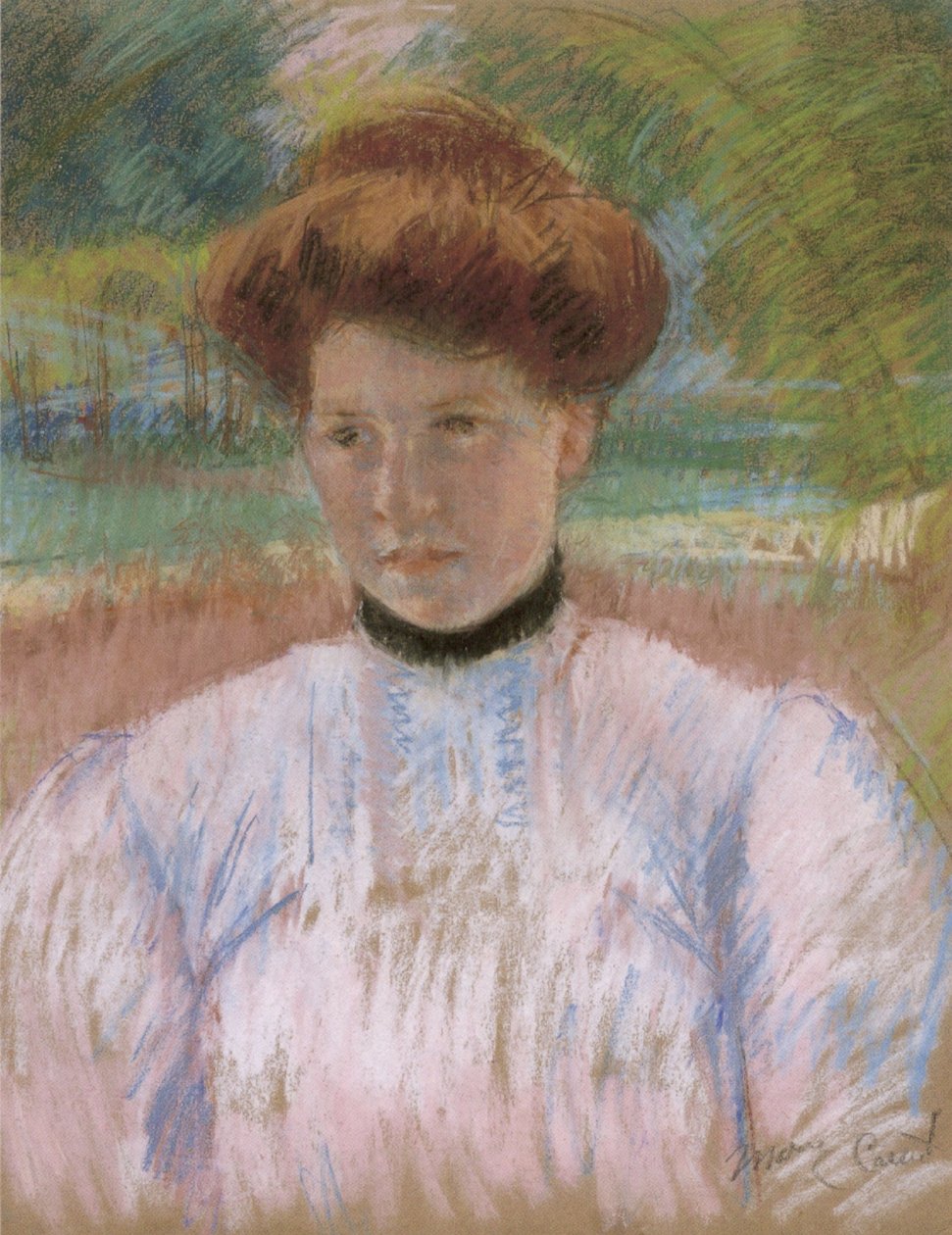 Junge Frau mit kastanienbraunem Haar in einer rosa Bluse von Mary Cassatt