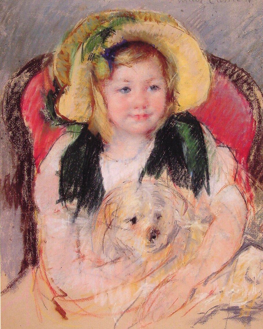 Sara mit ihrem Hund in einem Sessel von Mary Cassatt