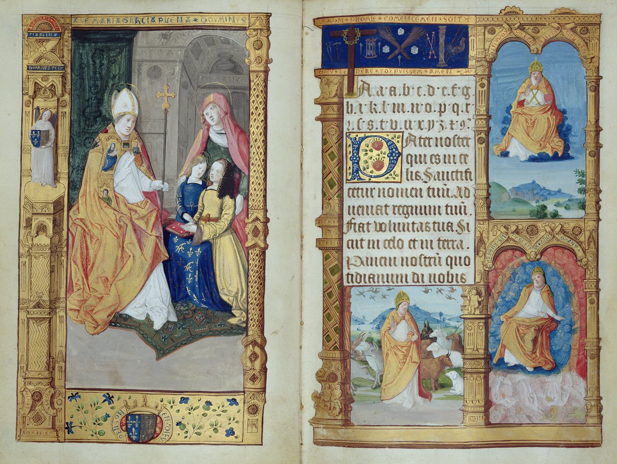 Ein Mädchen kniet an einem Schreibtisch mit der Jungfrau und Heiligen, aus einem Primer, ca. 1500-10 von Master of Antoine de Roche