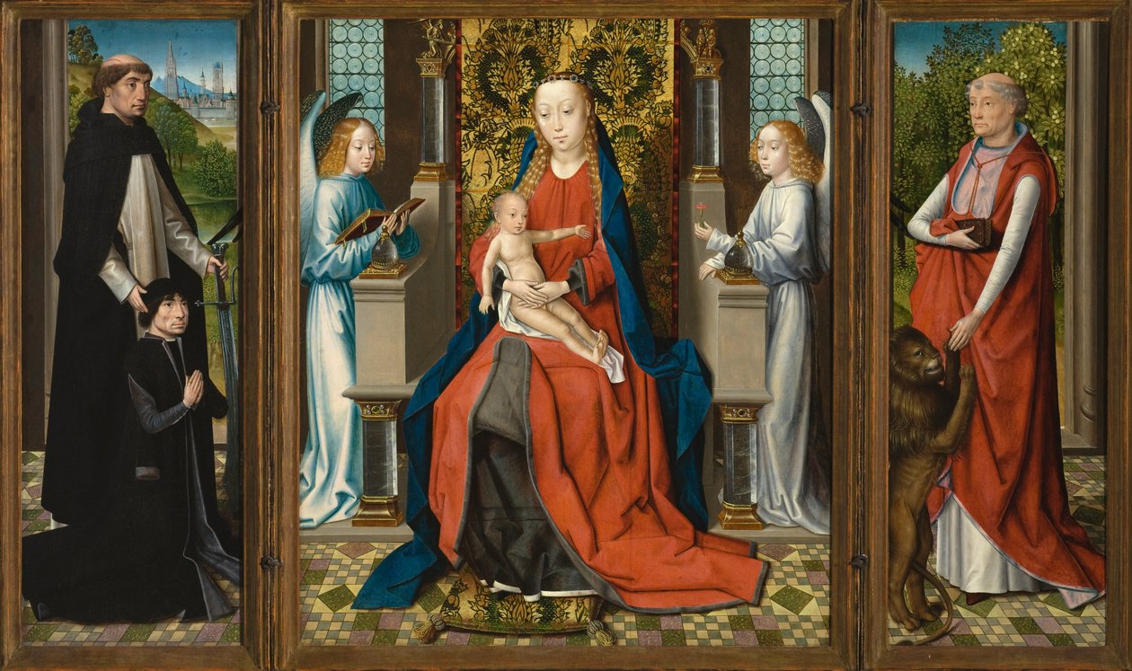 Triptychon der Madonna mit Kind und Engeln; Stifter und sein Schutzheiliger Petrus Martyr; und St. Hieronymus von Master of The Legend of St. Lucy