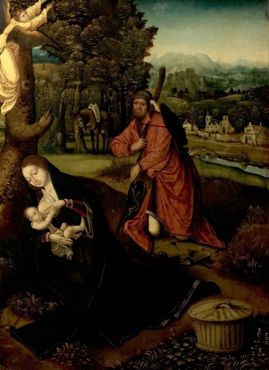 Die Rast auf der Flucht nach Ägypten (Jungfrau, Kind und St. Joseph in einer Landschaft) von Master of the Antwerp Adoration