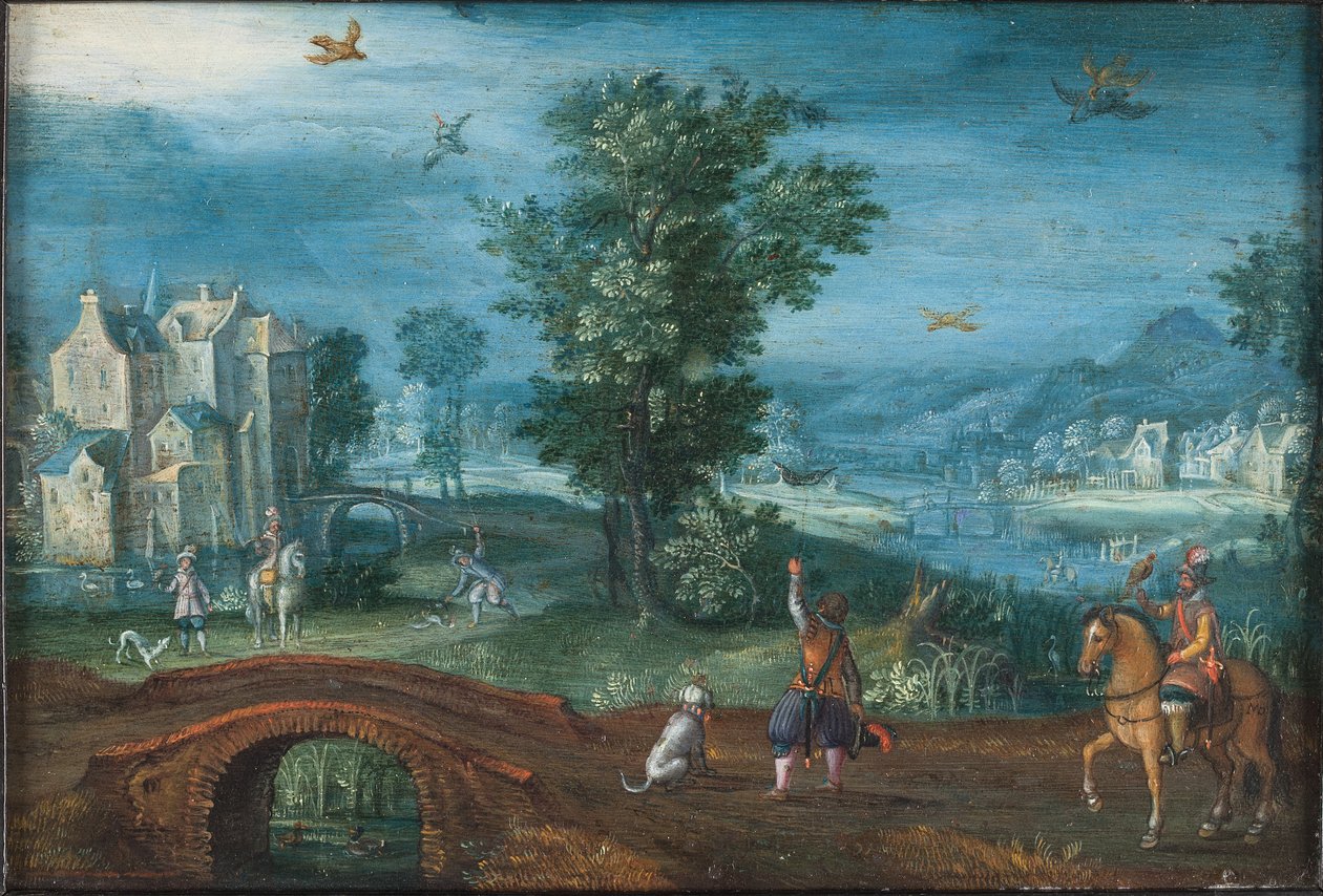 Landschaft mit Falknern von Mattheus Adolfsz Molanus
