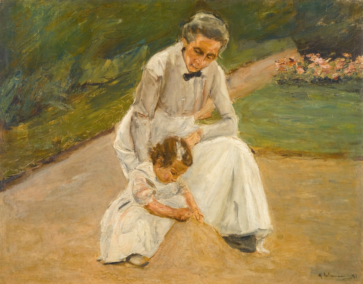 Enkelin und Kinderfrau beim Spiel im Garten von Max Liebermann