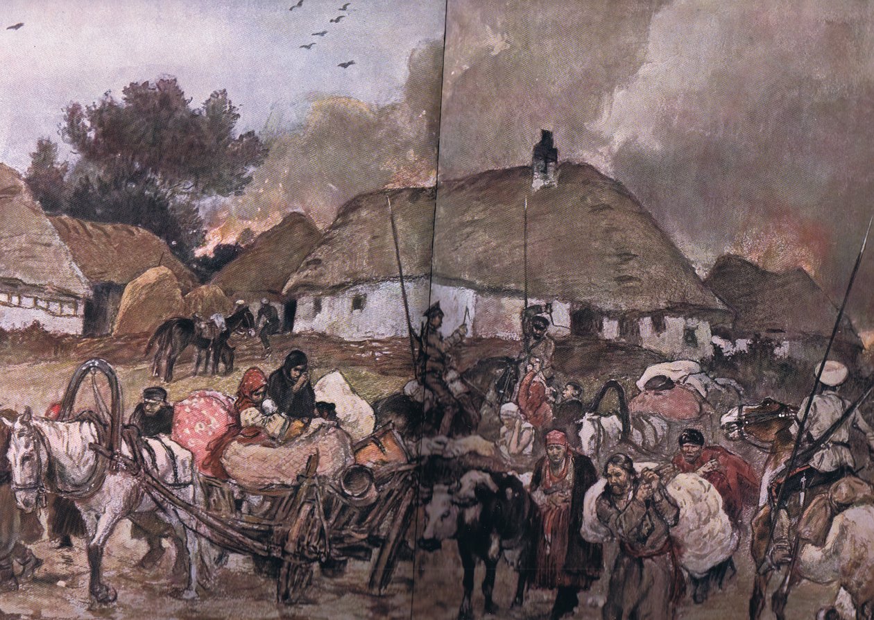 Auf dem Weg nach Brest-Litowsk: Polnische Flüchtlinge mit Kosaken im Hintergrund, aus Die illustrierte Geschichte des Weltkriegs 1914-1915, veröffentlicht von Union Berlagsefellfchaft, 1922, Band 3 von Max Tilke