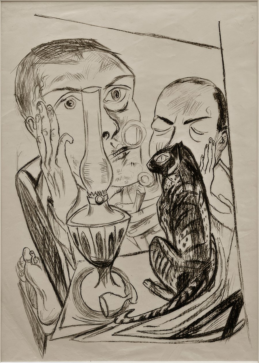 Selbstbildnis mit Katze und Lampe von Max Beckmann