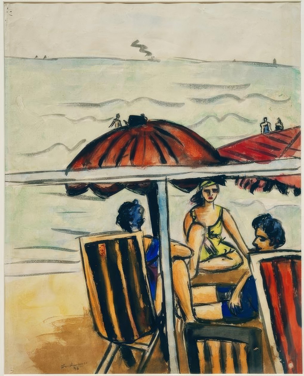 Strandszene mit Sonnenschirmen von Max Beckmann