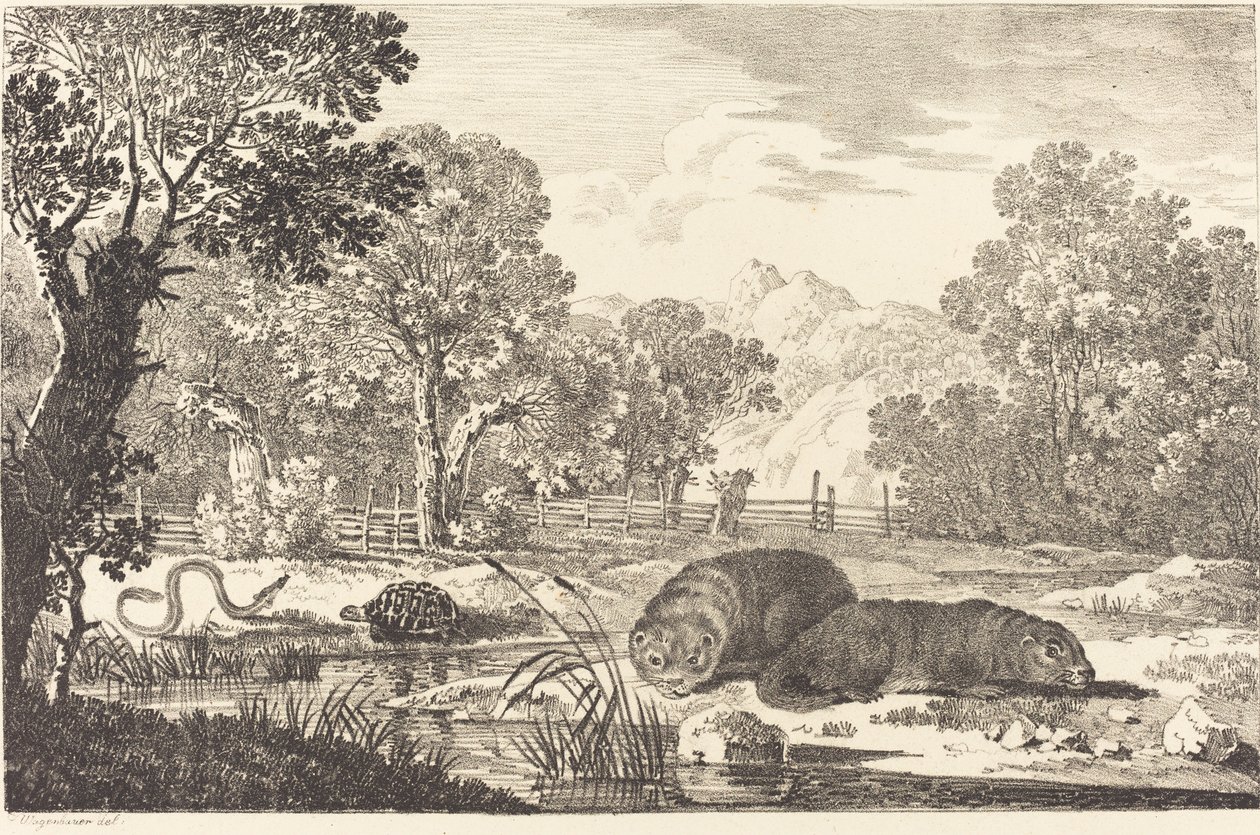 Flusslandschaft mit zwei Bibern von Max Joseph Wagenbauer