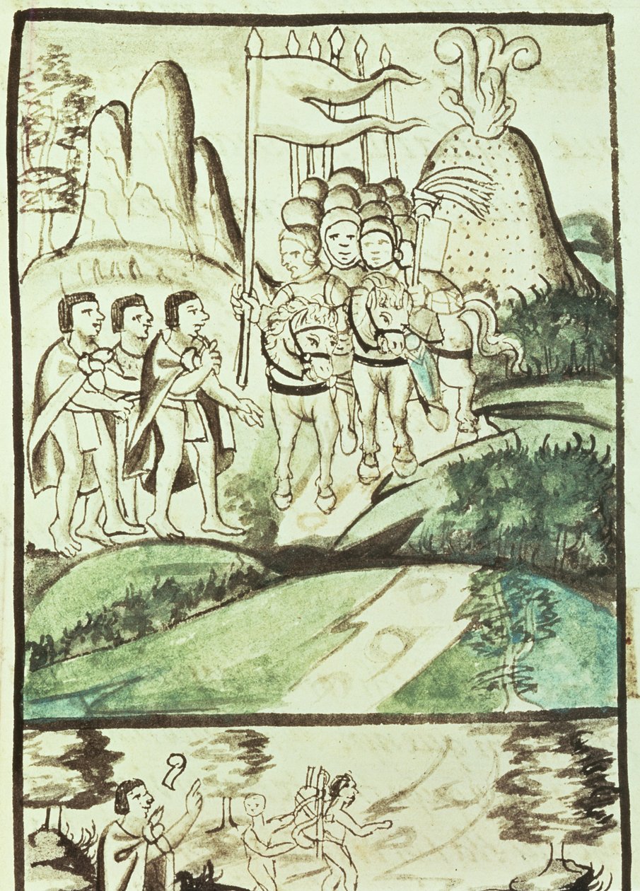 Cortes betritt das Tal von Mexiko zwischen den Vulkanen Popocatepetl (l) und Ixtaccihuatl (r) von Mexican School
