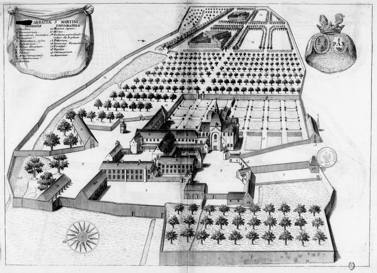 Gravierte Tafel des 17. Jahrhunderts, die die Abtei Saint-Martin de Sées im Buch Monasticon Gallicanum darstellt von Michel Germain