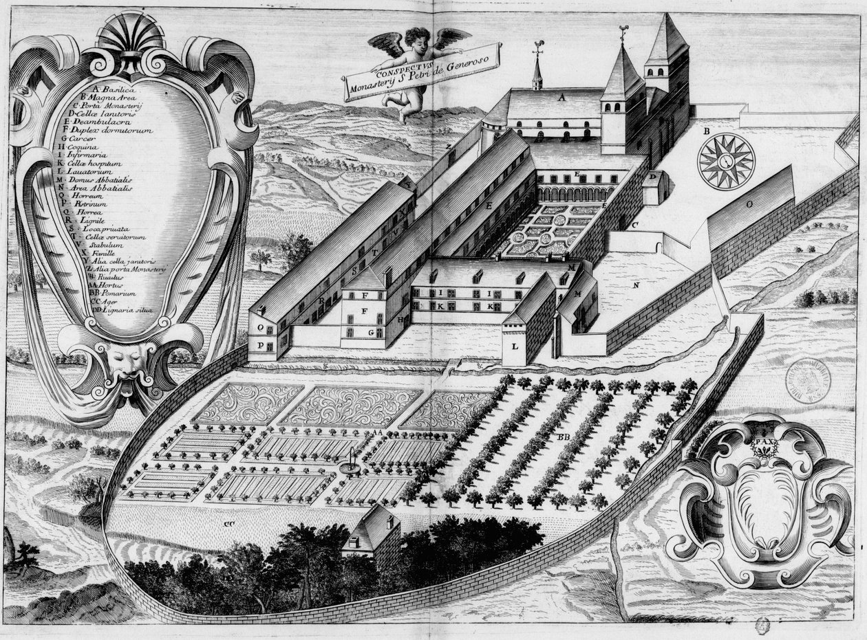 Gravierte Tafel des 17. Jahrhunderts, die die Abtei Saint-Pé-de-Bigorre im Buch Monasticon Gallicanum darstellt von Michel Germain