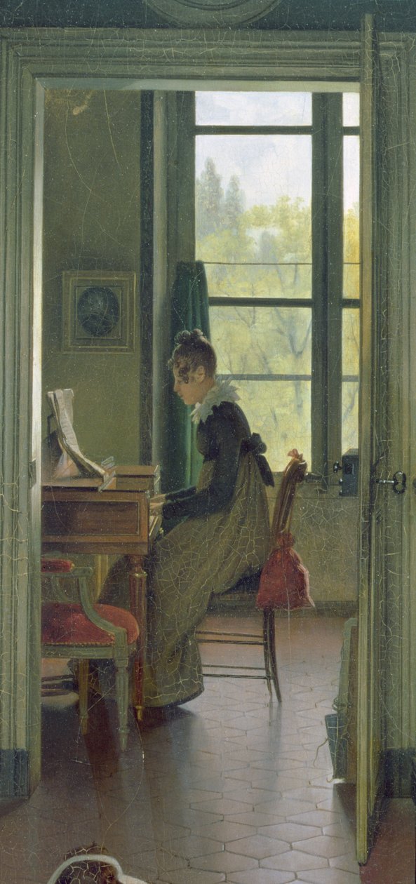 Innenraum eines Speisezimmers, Detail einer Frau, die im Nebenzimmer Klavier spielt, 1816 (Detail) von Michel Martin Drolling