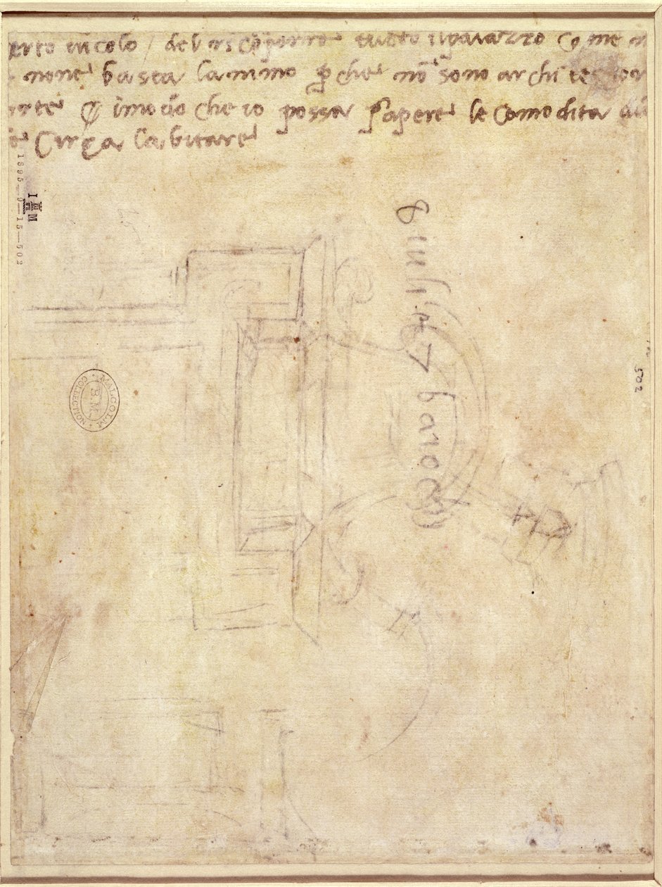 Architektonische Studie mit Notizen (Feder und Bleistift auf Papier) (verso) von Michelangelo Buonarroti