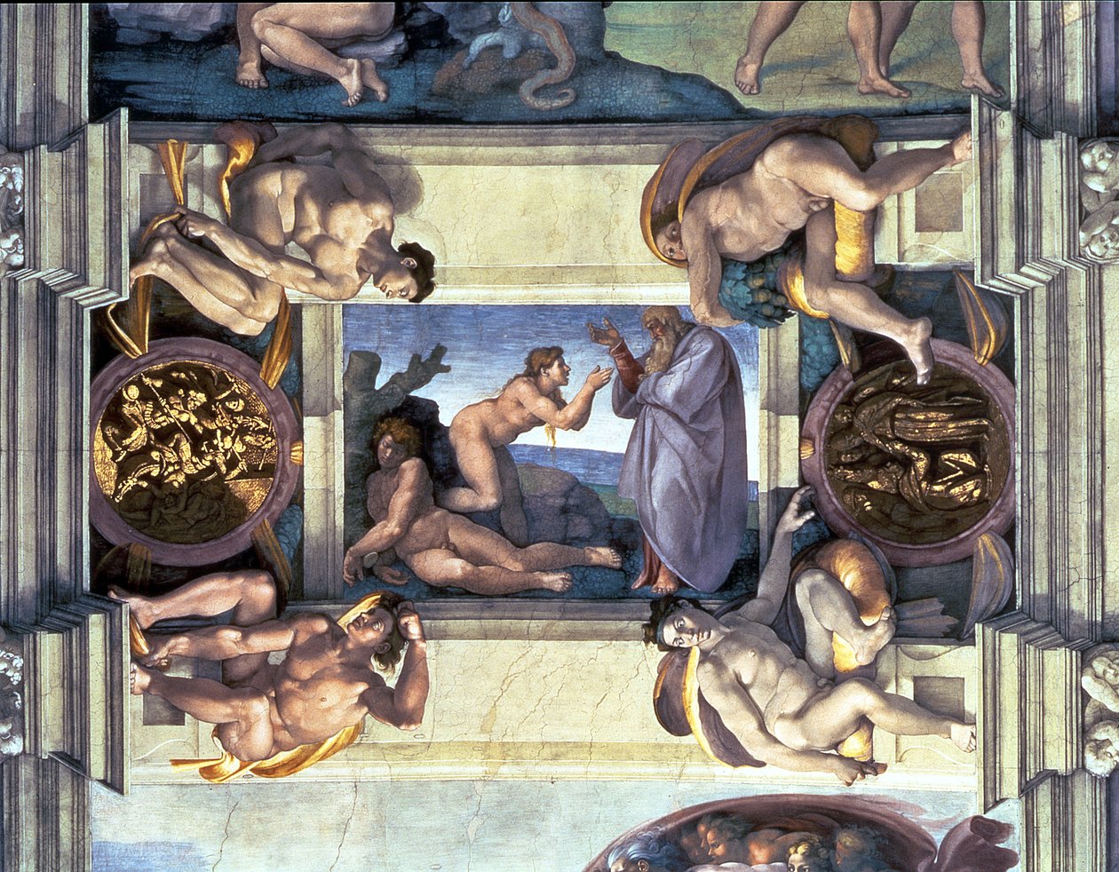 Sixtinische Kapelle Decke: Erschaffung Evas, mit vier Ignudi, 1510 (nach der Restaurierung) von Michelangelo Buonarroti