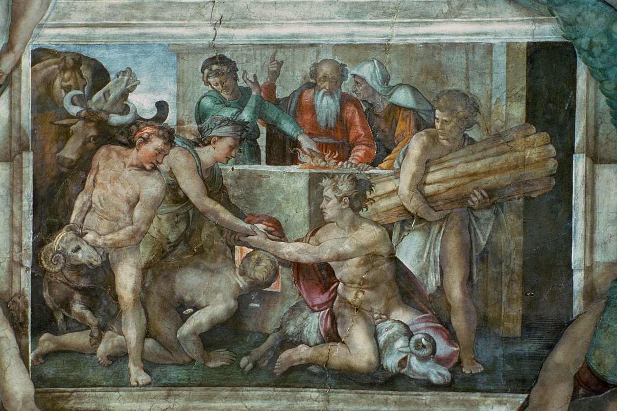 Sixtinische Kapelle Decke: Noah nach der Flut (vor der Restaurierung) von Michelangelo Buonarroti