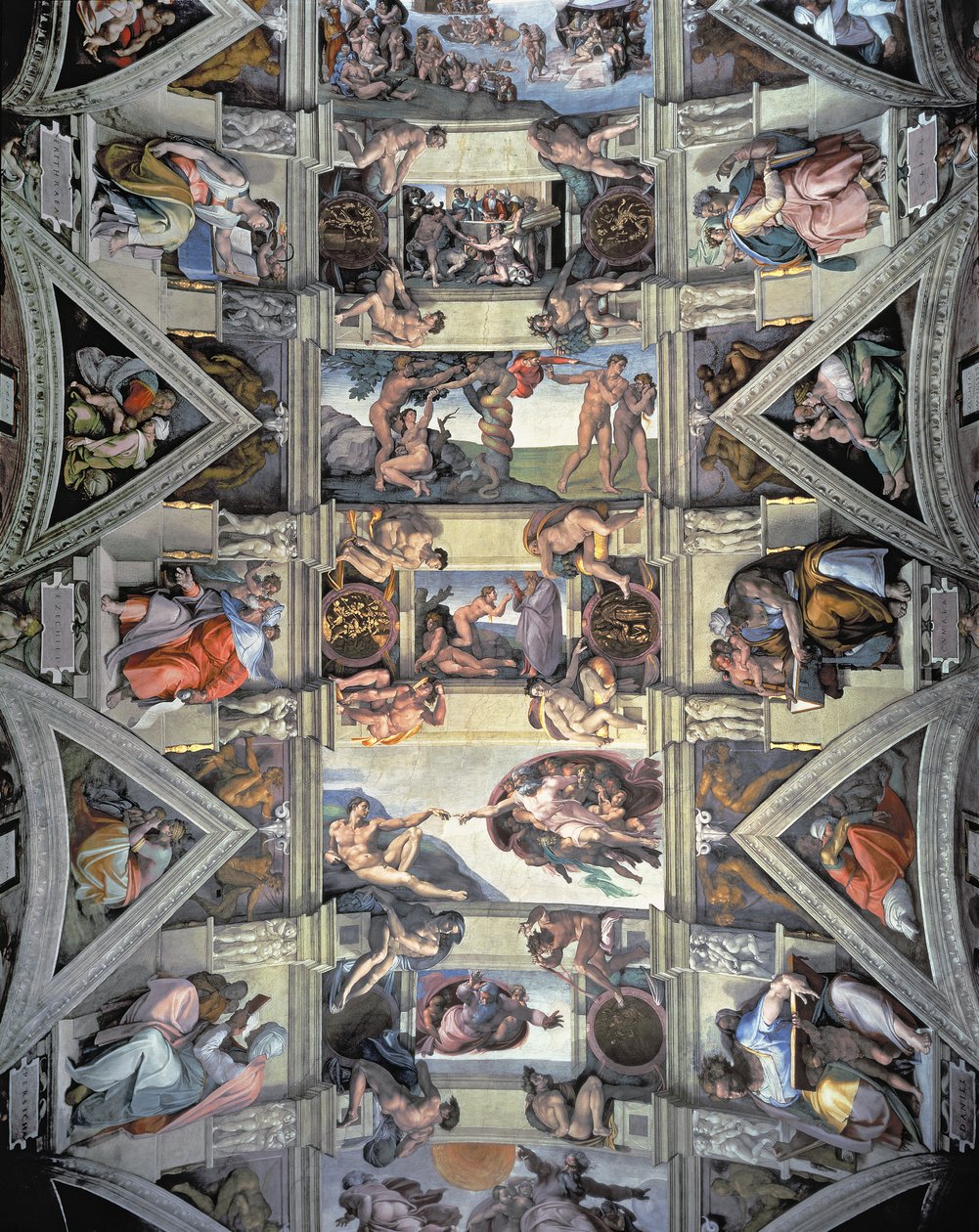 Decke und Lünetten der Sixtinischen Kapelle, 1508-12 (nach der Restaurierung) von Michelangelo Buonarroti