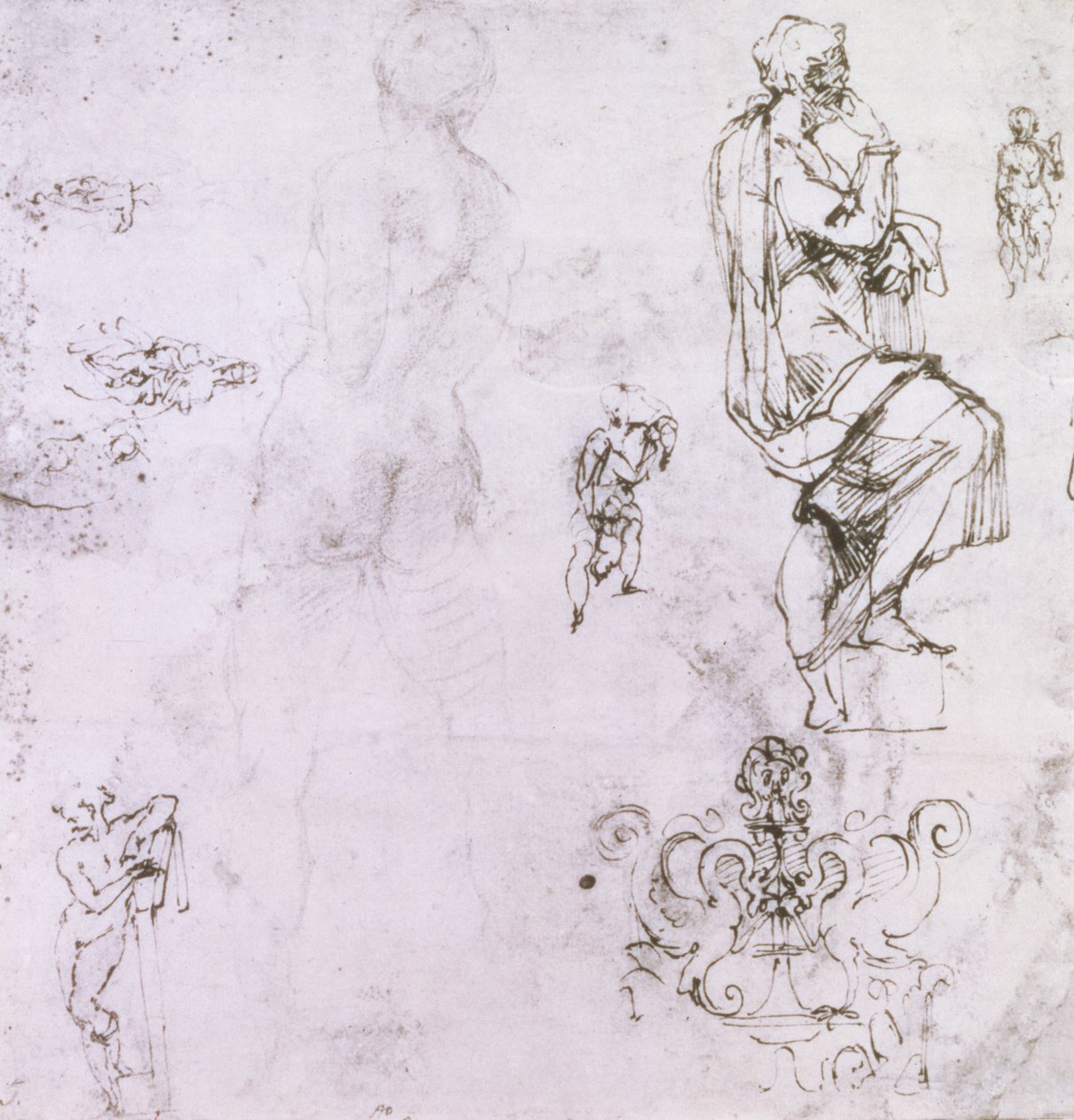 Skizzen von männlichen Akten, einer Madonna mit Kind und einem dekorativen Emblem von Michelangelo Buonarroti