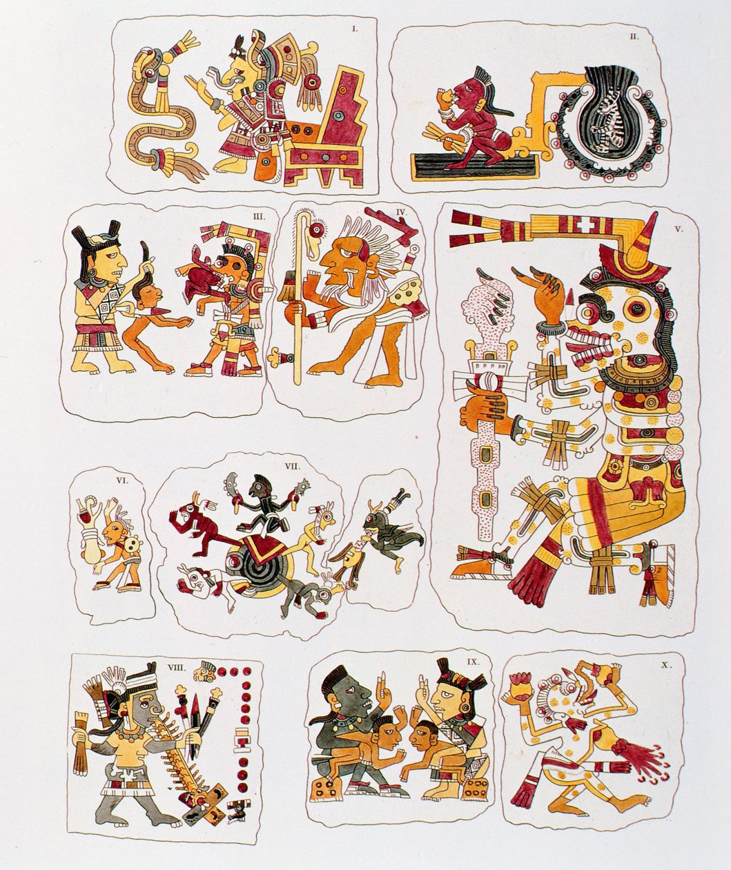 Faksimile-Kopie einer Seite des Borgia-Codex, die verschiedene Szenen darstellt (Farblithographie) von Mixtec