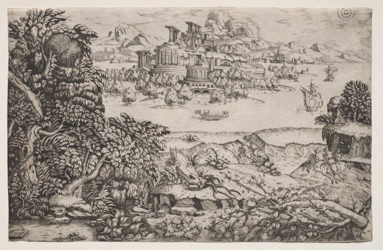 Landschaft mit einem Tempel über einem See von Monogrammist HI