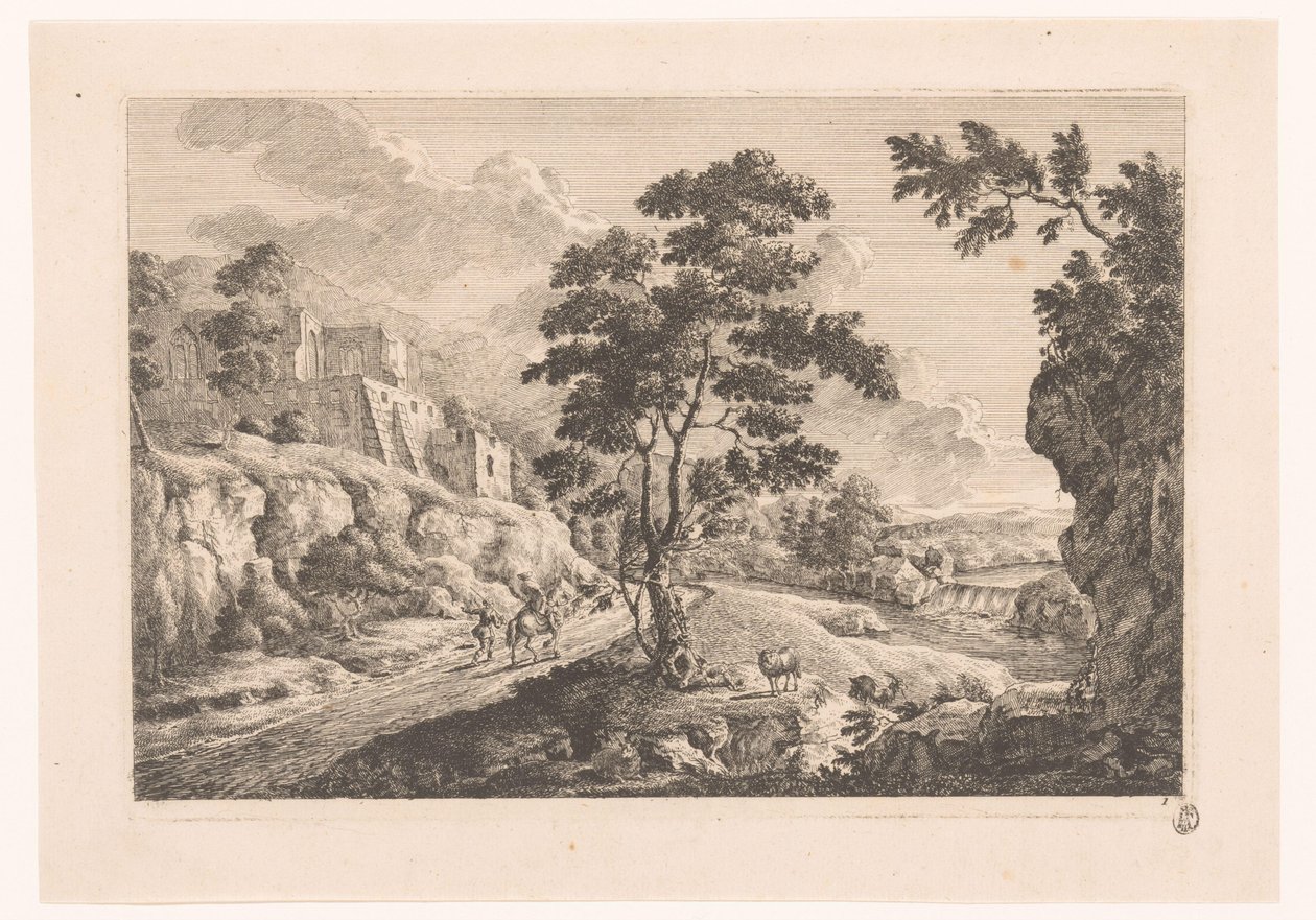 Landschaft mit Häusern auf einem Berg von Monogrammist MEG