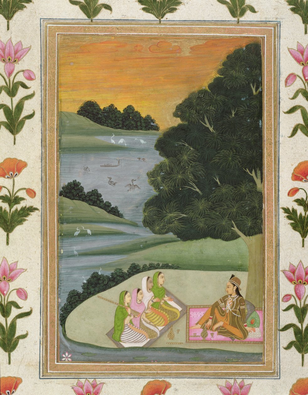 Eine Prinzessin hört weiblichen Musikern an einem Fluss bei Sonnenuntergang zu, aus dem Kleinen Clive-Album von Mughal School