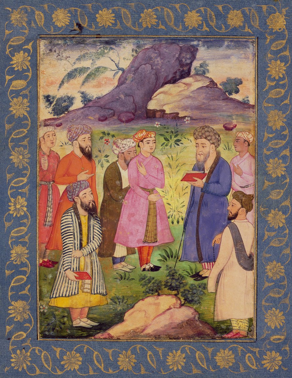 Ein edler Jüngling mit Begleitern in einer Landschaft, aus dem Großen Clive-Album, ca. 1605 von Mughal School