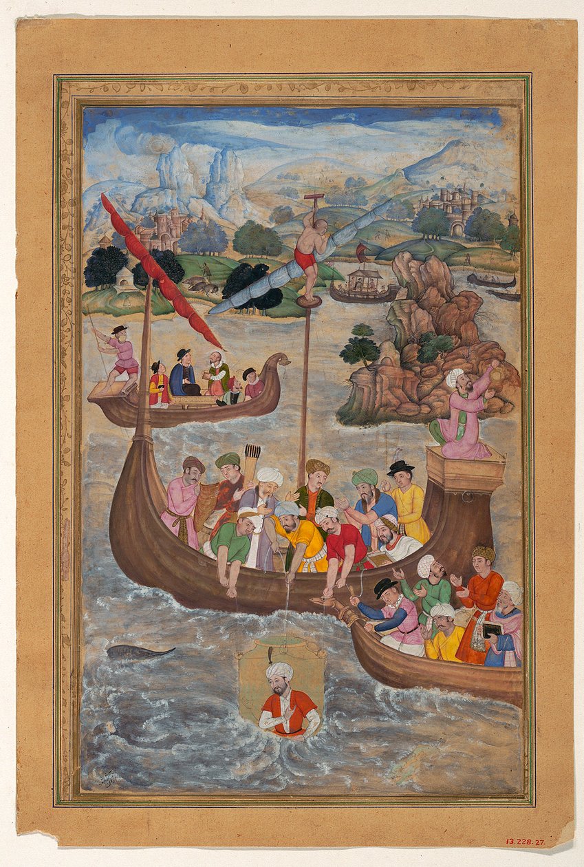 Alexander wird in einer Taucherglocke ins Meer abgesenkt, 1597-8 von Mukunda attr. to Mukunda attr. to