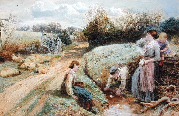 Segelnde Spielzeugboote im Bach von Myles Birket Foster
