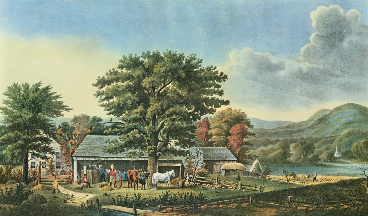 Herbst in Neuengland - Apfelweinherstellung, 1866 von N. and Ives, J.M. Currier