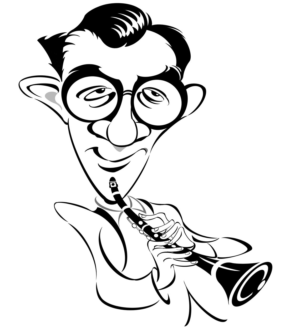 Benny Goodman, amerikanischer Jazz- und Swingmusiker, Klarinettist und Bandleader, bekannt als The King of Swing (1909 - 1986); Karikatur von Neale Osborne