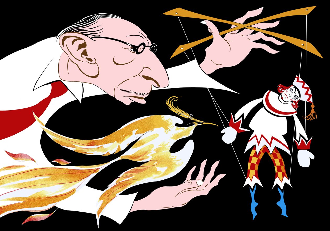 Igor Strawinsky - Karikatur des Russen mit einem Feuervogel und Petruschka aus seinem Ballett Der Feuervogel 17. Juni 1882 - 6. April 1971 von Neale Osborne