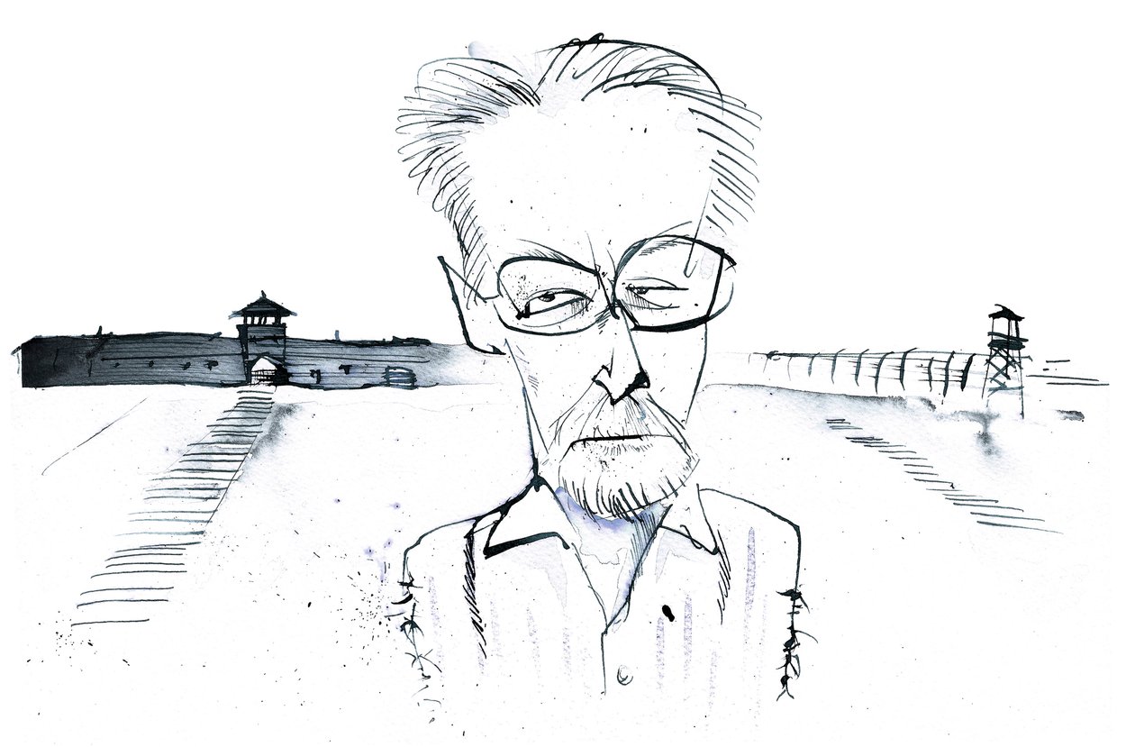 Italienischer Schriftsteller, Dichter und Chemiker Primo Levi (1919-87); Karikatur von Neale Osborne