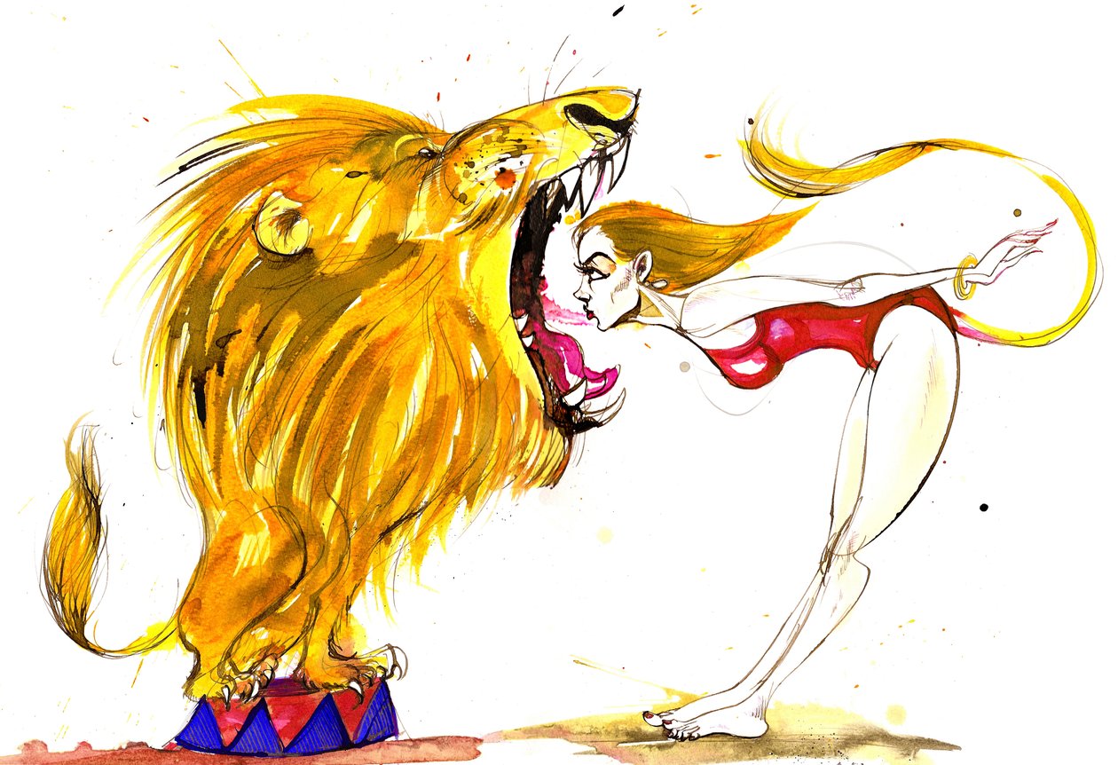 Zeichen des Tierkreises: Leotard Leo Dompteur aus einer Serie von Modekarikaturen, eine für jedes Sternzeichen von Neale Osborne