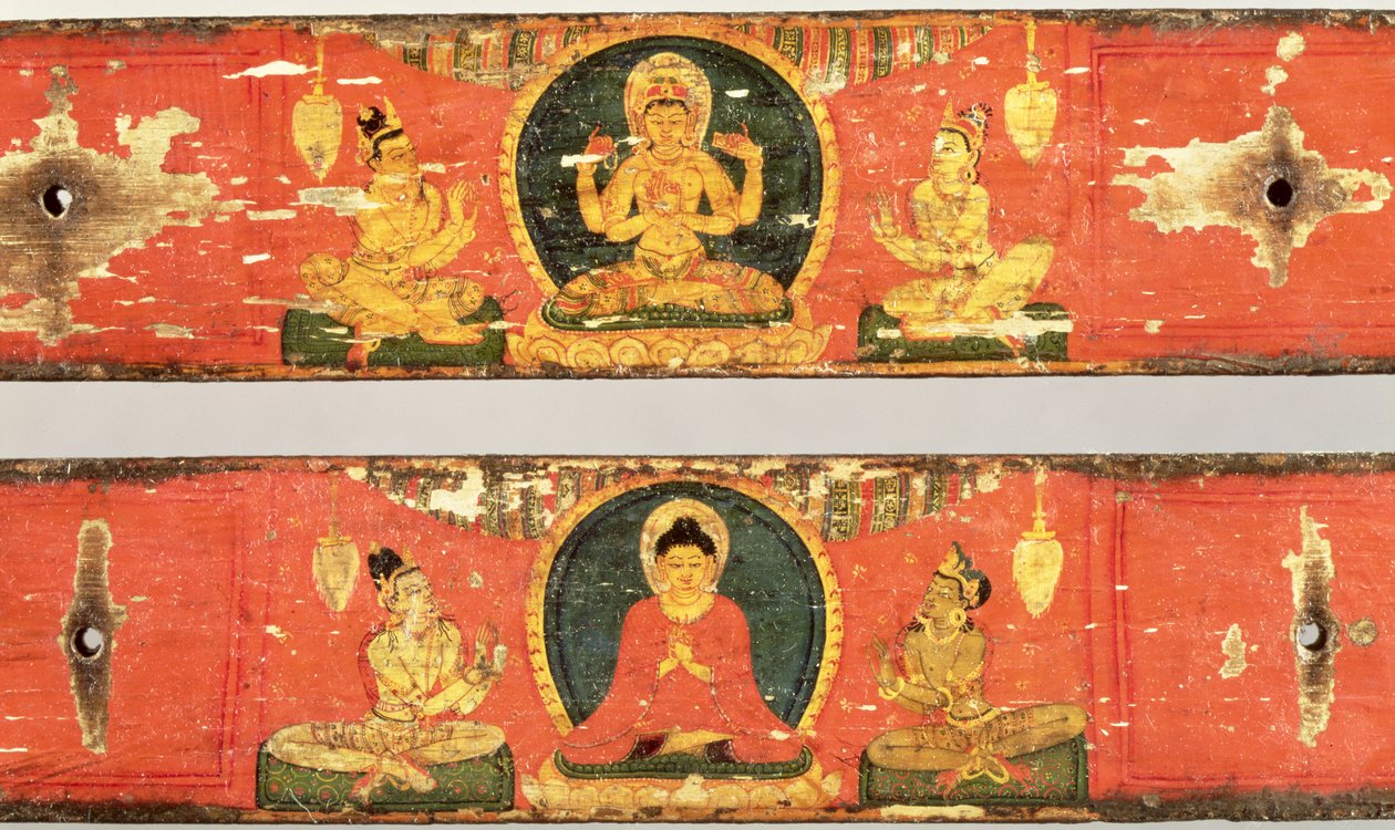 Sitzender Bodhisattva (Prajnaparamita) (oben) und Buddha umgeben von einer Mandorla (unten) Detail von Sutra-Abdeckungen, ca. 1100 (Detail) von Nepalese School