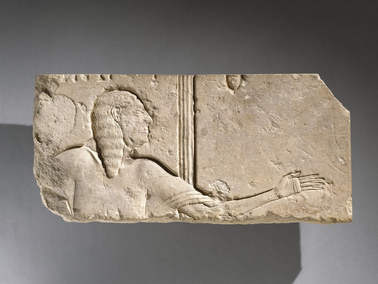 Relief eines gealterten Höflings, möglicherweise aus Saqqara, Ägypten (Kalkstein) von New Kingdom Egyptian