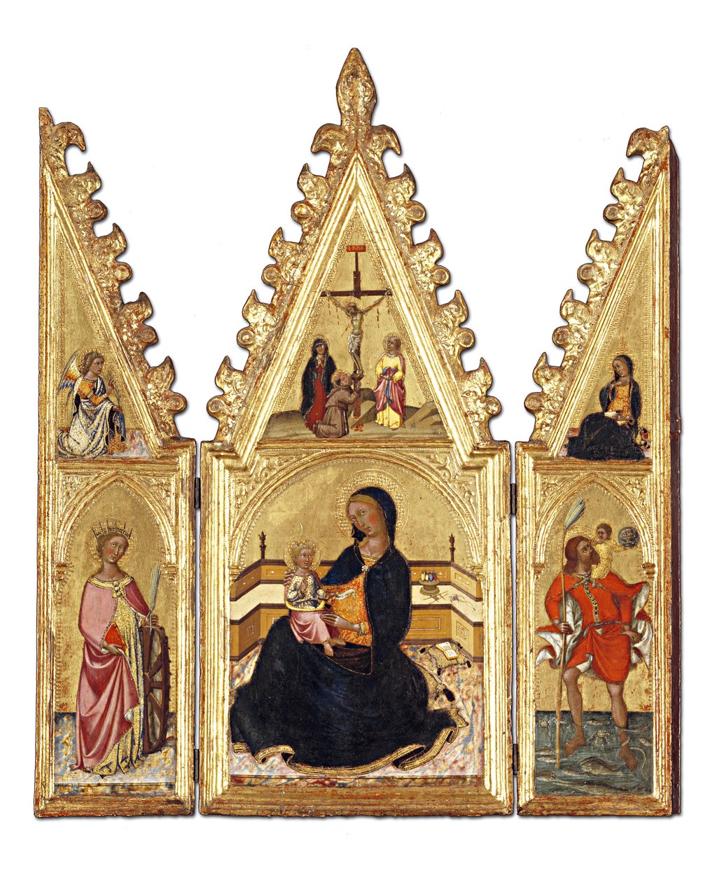 Die Madonna der Demut mit der hl. Katharina von Alexandria, dem hl. Christophorus, der Verkündigung und der Kreuzigung, ca. 1370-75 von Niccolo di Buonaccorso